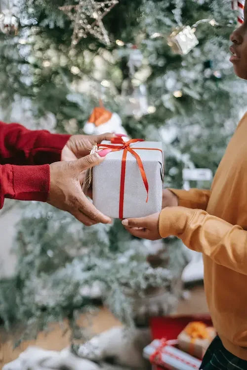 Une personne qui tend un cadeau à une autre personne 