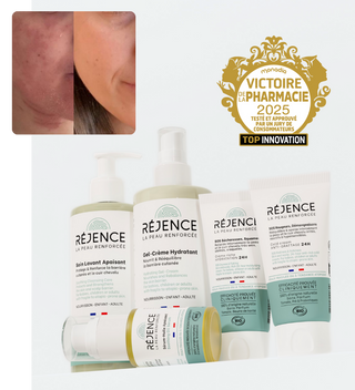 Routine complète eczéma réjence avec un avant/après et le badge "Victoires de la Pharmacie"