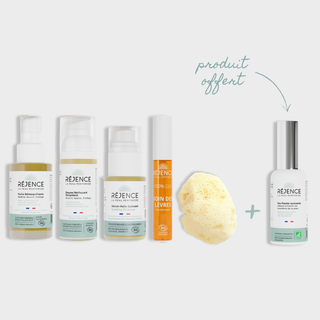 image de la routine peau neuve, composée de 6 produits dont l'eau florale offerte