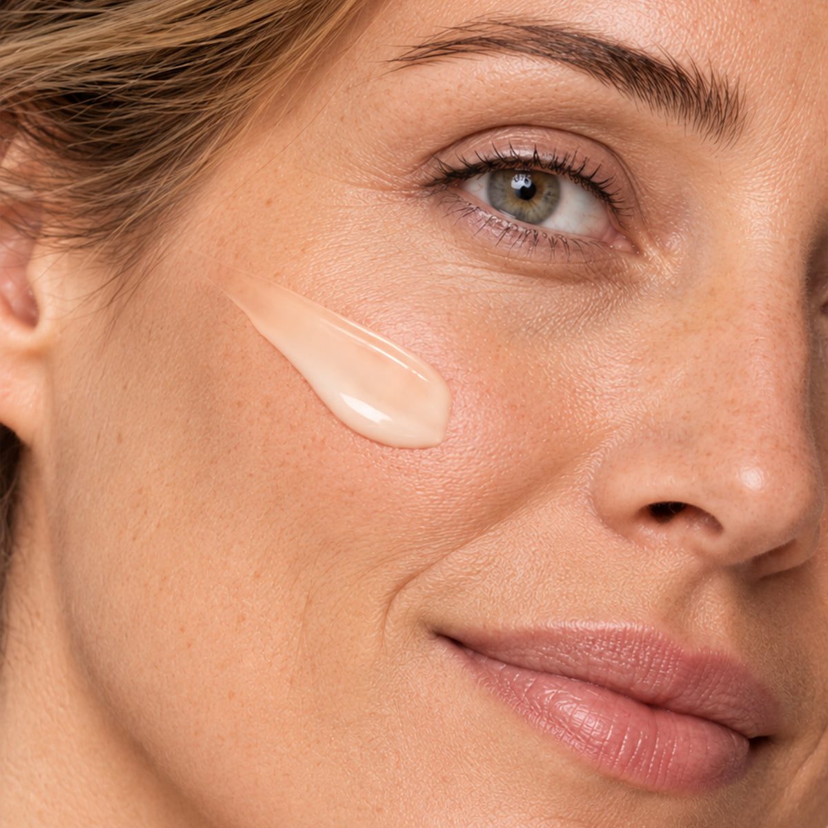Femme avec une trace de soin correcteur de teint sur la joue