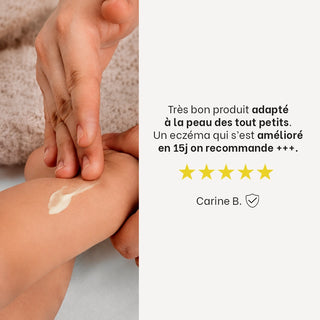 Avis client 5 étoiles sur le Gel-crème hydratant bébé Réjence soulignant son efficacité sur une peau sujette à l'eczéma chez les tout-petits.