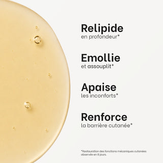 Illustration des principaux bénéfices du Sérum-Huile Apaisant Réjence : relipide la peau en profondeur, assouplit, apaise les inconforts et renforce la barrière cutanée.