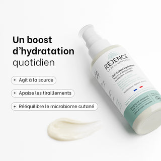 Gel-Crème Hydratant Réjence pour peau sensible et atopique, hydrate durablement, apaise les tiraillements et rééquilibre le microbiome cutané