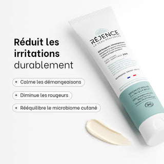 Tube de la Cold cream SOS rougeurs et démangeaisons 150 mL Réjence avec ses principaux bénéfices : calme les démangeaisons, réduit les rougeurs et rééquilibre le microbiome cutané.