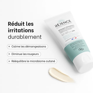 Tube de la Cold cream SOS rougeurs et démangeaisons Réjence avec ses principaux bénéfices : calme les démangeaisons, réduit les rougeurs et rééquilibre le microbiome cutané.