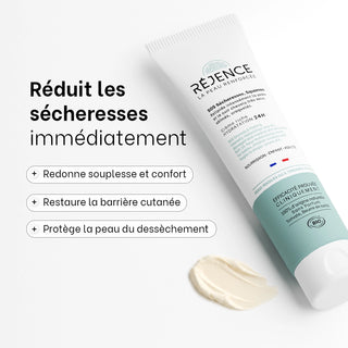 Tube de la Crème riche SOS sécheresses et squames 150 mL Réjence avec ses principaux bénéfices : réduit les sécheresses, restaure la barrière cutanée et protège la peau du dessèchement.