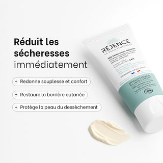 Tube de la Crème riche SOS sécheresses et squames Réjence avec ses principaux bénéfices : réduction immédiate des sécheresses, restauration de la barrière cutanée et protection contre le dessèchement.