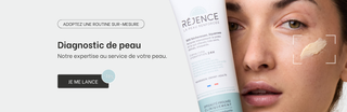 Image d'une femme qui tient une crème Réjence à côté de son visage. Diagnostic de peau -15%