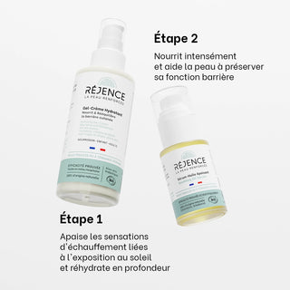 Les deux soins du Duo Après-Soleil Réjence présentés en deux étapes : Gel-Crème Hydratant pour apaiser et réhydrater la peau puis Sérum-Huile Apaisant pour nourrir intensément et renforcer la barrière cutanée.