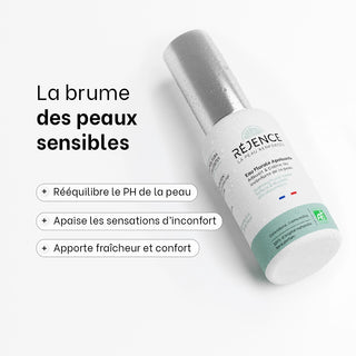 Eau Florale Apaisante Réjence avec les principaux bénéfices : rééquilibre le pH de la peau, apaise les sensations d'inconfort et apporte fraîcheur et confort aux peaux sensibles.
