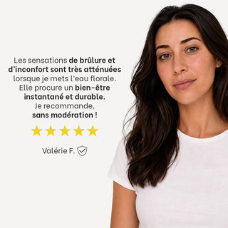 Portrait d’une femme brune en t-shirt blanc accompagné d’un avis client 5 étoiles sur l’Eau Florale Cuir Chevelu Réjence, évoquant l’atténuation des sensations de brûlure et d’inconfort et un bien-être instantané et durable.