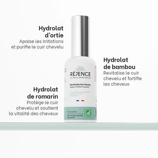 Flacon de l’Eau Florale Cuir Chevelu Réjence présenté sur fond blanc, entouré des trois hydrolats de sa formule : ortie pour apaiser et purifier, bambou pour revitaliser et romarin pour protéger le cuir chevelu.