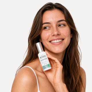 Portrait d’une femme souriante aux cheveux bruns présentant quelques imperfections sur les joues et le menton et tenant le flacon d’Eau Florale Purifiante Réjence près de son visage.