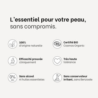 Les engagements des soins bébé Réjence : 100% d'origine naturelle, certifiés BIO, efficacité clinique, très haute tolérance, sans alcool ni huiles essentielles et sans conservateur irritant.