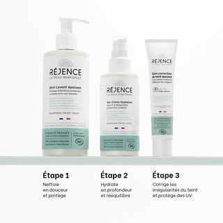 Les Essentiels de l'Été Réjence présentés en trois étapes : Soin Lavant Apaisant pour nettoyer en douceur, Gel-Crème Hydratant pour réhydrater la peau et Soin Correcteur de Teint SPF30 pour unifier le teint tout en protégeant des rayons UV.