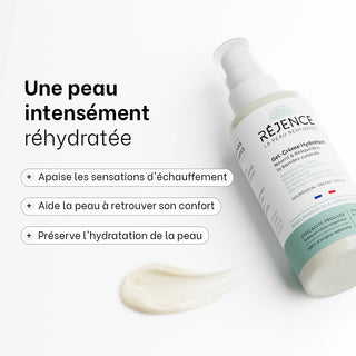 Gel-Crème Hydratant Réjence présenté avec sa texture. Soin après-soleil qui apaise les sensations d'échauffement, aide la peau à retrouver son confort et préserve durablement son hydratation.