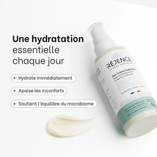 Flacon du Gel-crème hydratant bébé Réjence avec ses principaux bénéfices : hydrate immédiatement, apaise les inconforts et soutient l'équilibre du microbiome cutané.