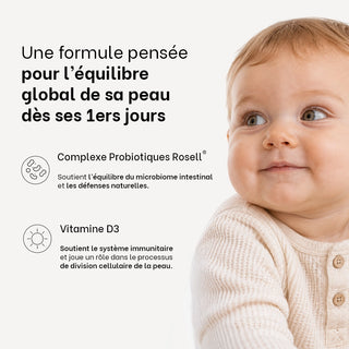 Visuel de la formule Probiotiques Équilibre Réjence pour bébé associant un complexe de probiotiques Rosell® pour soutenir l’équilibre du microbiome intestinal et de la vitamine D3 contribuant au fonctionnement normal du système immunitaire.