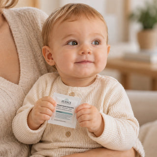 Bébé dans les bras d’un adulte tenant un sachet de Probiotiques Équilibre Réjence, complément alimentaire associant des probiotiques et de la vitamine D3.