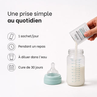 Sachet de Probiotiques Équilibre Réjence versé dans un biberon avec les conseils d’utilisation : 1 sachet par jour pendant un repas, à diluer et à prendre en cure de 30 jours.