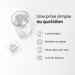 Sachet de Probiotiques Équilibre Réjence accompagné d’un verre d’eau et des conseils d’utilisation : 1 sachet par jour pendant un repas, à diluer dans l’eau, en cure de 30 jours.