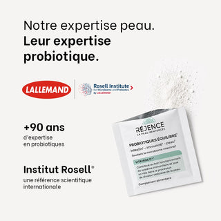 Sachet Probiotiques Équilibre Réjence présenté avec Lallemand et l’Institut Rosell®, spécialiste des probiotiques bénéficiant de plus de 90 ans d’expertise.