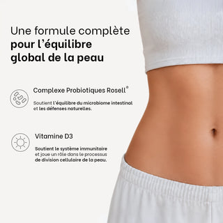 Visuel de la formule Probiotiques Équilibre Réjence associant un complexe de probiotiques Rosell® pour soutenir l’équilibre du microbiome intestinal et de la vitamine D3 contribuant au fonctionnement normal du système immunitaire.