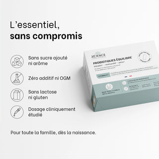 Boîte de Probiotiques Équilibre Réjence avec les caractéristiques de la formule : sans sucre ajouté ni arôme, sans additif ni OGM, sans lactose ni gluten et dosage cliniquement étudié.