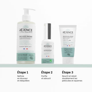 Les trois soins de la routine anti-pelliculaire Réjence alignés sur fond clair : Soin Lavant Apaisant, Eau Florale Cuir Chevelu et Crème riche SOS sécheresses & squames, avec les trois étapes de la routine pour nettoyer, purifier et réduire durablement les pellicules et squames.
