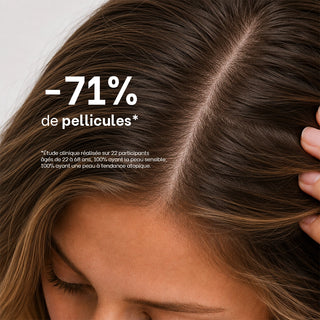 Gros plan sur un cuir chevelu sain avec une raie visible illustrant les résultats cliniques de la routine Réjence, montrant une réduction de 71% des pellicules après utilisation.