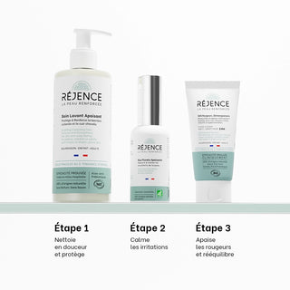 Les trois soins de la routine anti-rougeurs Réjence présentés dans l'ordre d'utilisation : soin lavant apaisant, eau florale apaisante et Cold Cream SOS rougeurs pour calmer les irritations et apaiser la peau.