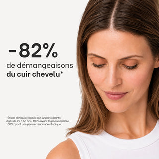 Portrait d'une femme illustrant les résultats cliniques de la routine dermite séborrhéique Réjence montrant une diminution de 82 % des démangeaisons du cuir chevelu après utilisation.