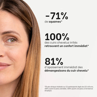 Portrait d'une femme illustrant les résultats cliniques de la routine dermite séborrhéique Réjence : réduction de 71 % des squames, confort immédiat retrouvé et diminution des démangeaisons du cuir chevelu.