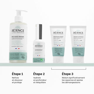 Les quatre soins de la routine dermite séborrhéique Réjence présentés sur fond clair : Soin Lavant Apaisant, Eau Florale Cuir Chevelu, Crème riche SOS sécheresses & squames et Cold Cream SOS rougeurs & démangeaisons, avec les trois étapes de la routine pour nettoyer, hydrater, réduire les squames et apaiser les démangeaisons.