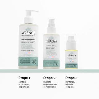 Les trois soins de la routine prévention eczéma bébé Réjence alignés sur une étagère : soin lavant apaisant, gel-crème hydratant et sérum-huile apaisant avec les étapes d'application de la routine.