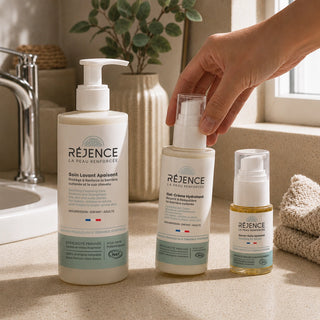Les trois soins de la routine prévention eczéma Réjence dans une salle de bain : soin lavant, gel-crème hydratant et sérum-huile apaisant.