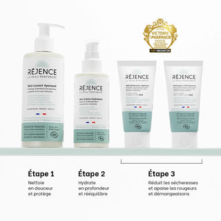 Les étapes de la Routine SOS Eczéma Atopique Réjence : nettoyer, hydrater et apaiser les rougeurs, démangeaisons et sécheresses.