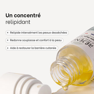 Sérum-Huile Apaisant Réjence présenté avec sa texture. Concentré relipidant qui nourrit intensément les peaux desséchées, restaure la barrière cutanée et redonne confort après une exposition au soleil.