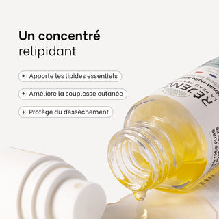 Gros plan sur la texture du Sérum-Huile Apaisant Réjence, un concentré relipidant qui apporte les lipides essentiels, améliore la souplesse cutanée et protège durablement du dessèchement.