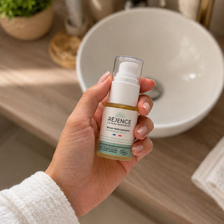 Femme tenant le Sérum-Huile Apaisant Réjence dans une salle de bain.