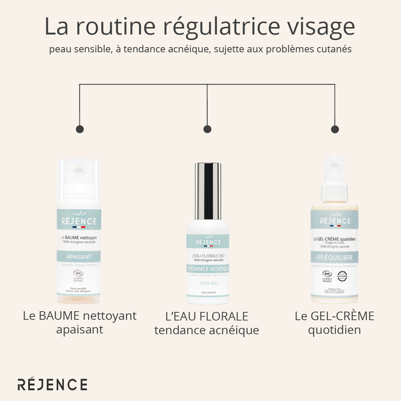 routine régulatrice, routine clean, acné, peau sensible, peau atopique, réjence, bio